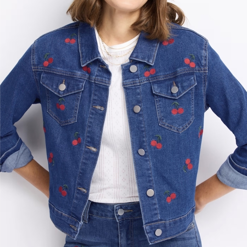 Sz L Poppy & Grace Embroidered Cherry Denim Jacket - Blue NWOT